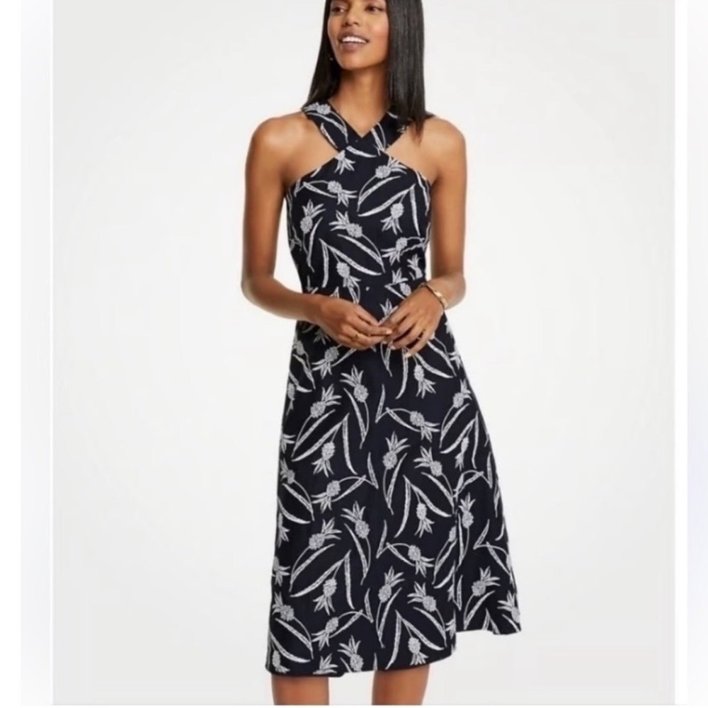 Ann Taylor Pineapple Embroidered Halter Dress Black A Line Vacation Tropical 6